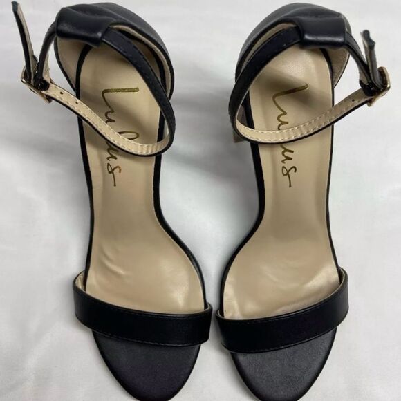 Lulus Taylor Stacked Heels NWOB Black Leather Open Toe Sandals 6 - Picture 6 of 7